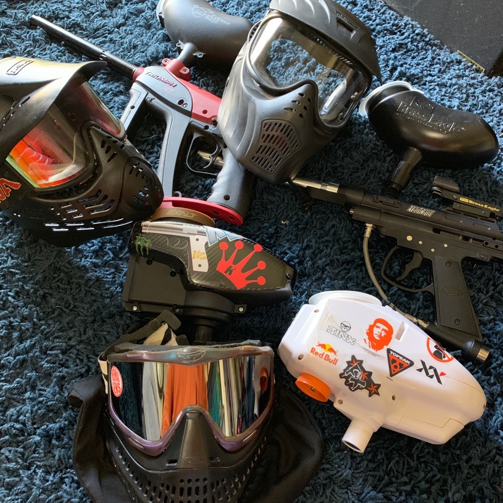 Paintball 2gun 3 mask 3 hopper lot